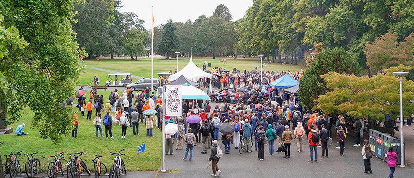 An aerial photo of the Orange Shirt Day event in 2025 at the University of Victoria.