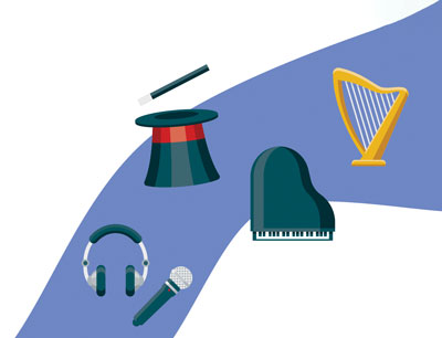 Illustrations of a harp, piano, magic hat and microphone.