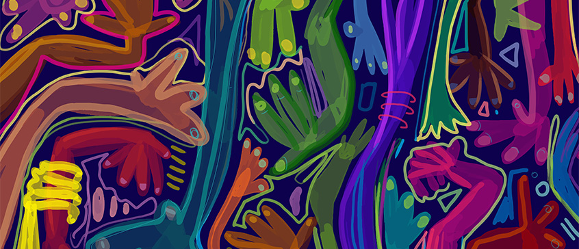 Abstract illustration of many hands in different bright colours.