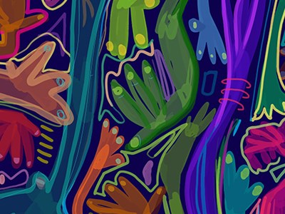 Abstract illustration of many hands in different bright colours.