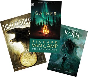 Book covers: Three Feathers, Gather, Roth