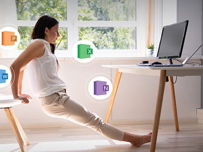A person with dark hair, wearing a white sleeveless top and light-colored pants, is doing tricep dips using a white chair in what appears to be a home office. Their body is angled away from a desk with a computer monitor and laptop. Four circular icons with the Microsoft Office logos for PowerPoint, Excel, Word, and OneNote float around them. The room is brightly lit with natural light coming from a large window.