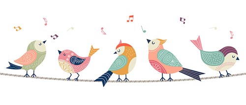 Illustration of birds on a wire singing.