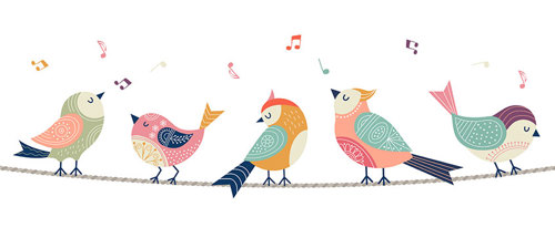 Illustration of birds on a wire singing.