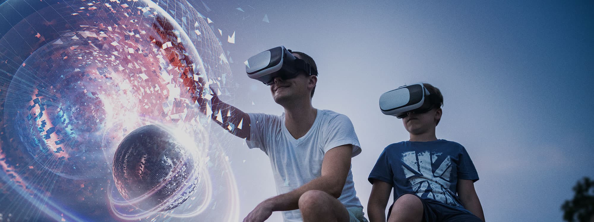 Image of two young men with virtual reality goggles on and a superimposed illustration of plants.