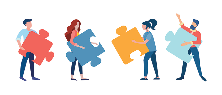 Illustration of 4 people carrying large puzzle pieces