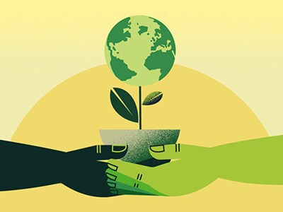 Illustration of two hands coming together to hold a planter that is growing the planet earth. 