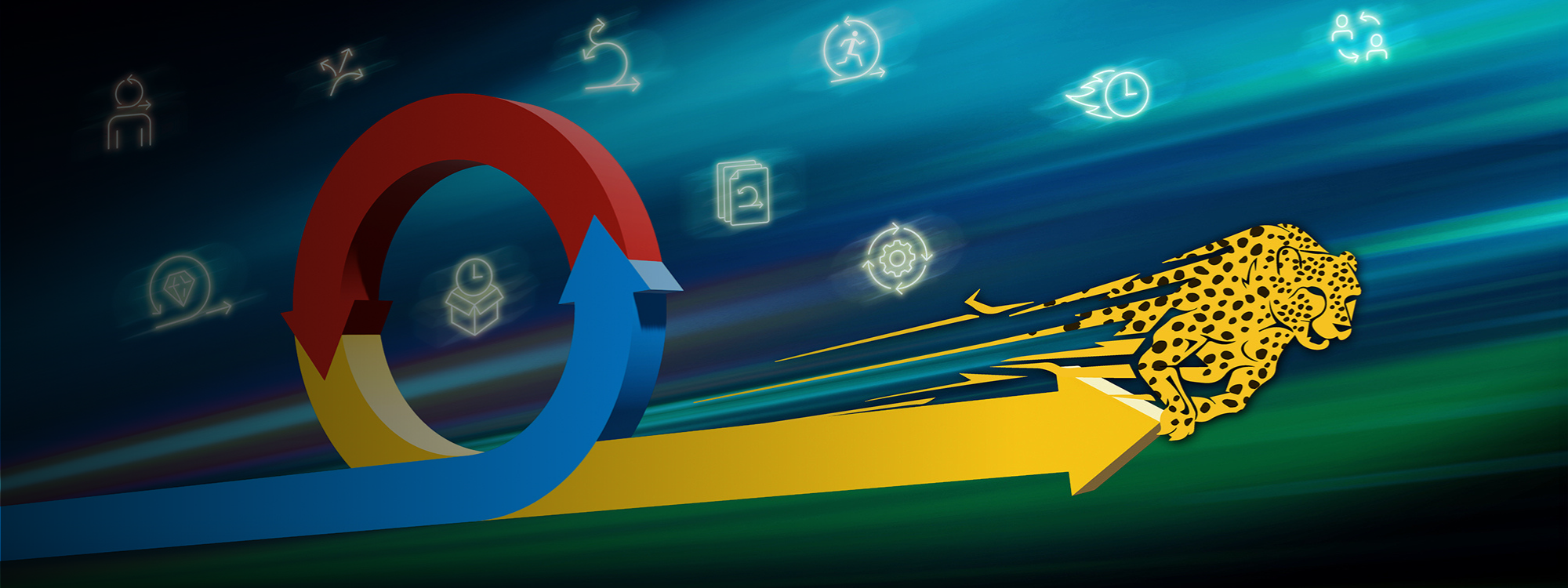 Graphic showing a cheetah sprinting beside a large looping red, yellow and blue arrow, with glowing icons for agile practices.