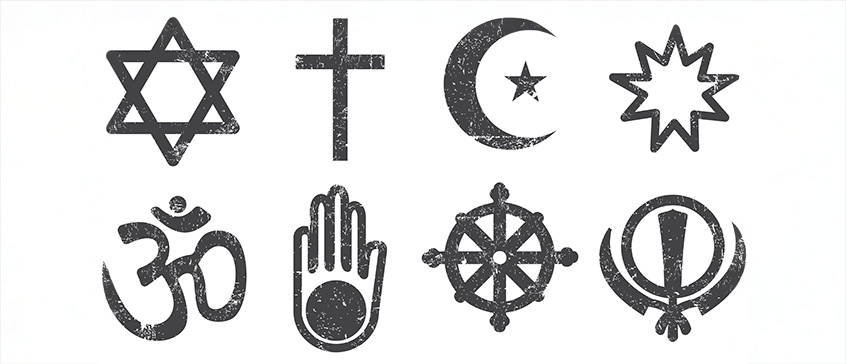 Collection of eight religious symbols in gray textured style representing diverse world faiths: Star of David (Judaism), Christian cross, crescent and star (Islam), Baháʼí nine-pointed star, Om symbol (Hinduism), Jain hand, dharma wheel (Buddhism), and Khanda (Sikhism).