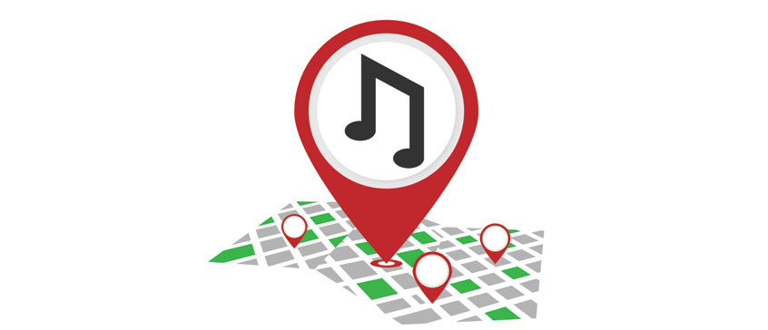 Music note pin marker on map.