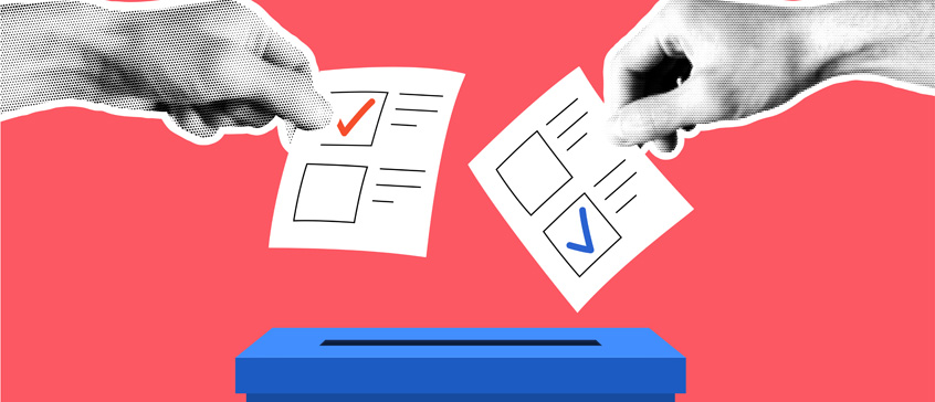 Illustration of hands depositing ballots into polling box