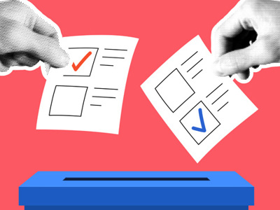 Illustration of hands depositing ballots into polling box