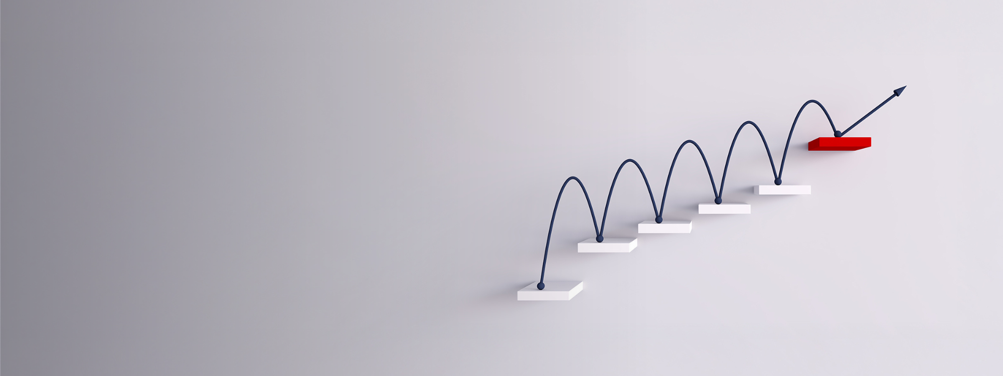 Illustration of curved lines connecting stepped platforms, ending with an upward arrow.