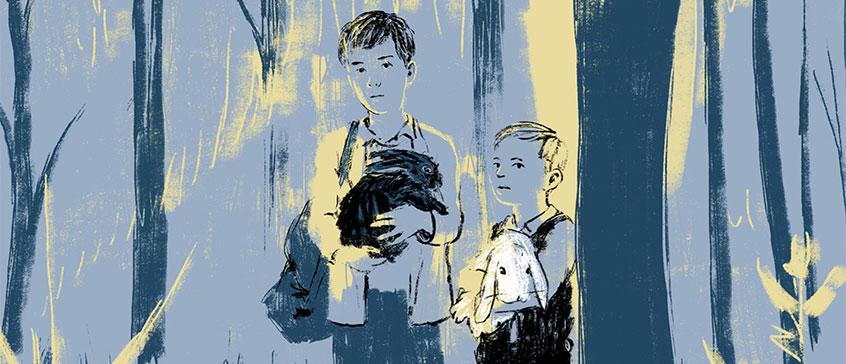 Cover art from the graphic novel, "But I Live: Three Stories of Child Survivors of the Holocaust (2022)" Drawing of 2 brothers holding rabbits in a dark forest. Artwork by Gilad Seliktar