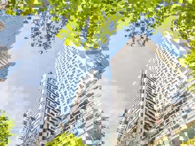 Upward view of modern skyscrapers framed by lush green tree canopy, showcasing the integration of urban development with nature for sustainable city planning and climate resilience.