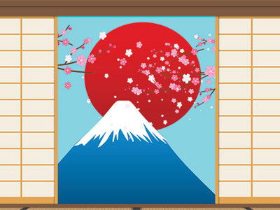 An illustration of a red sun behind Mount Fuji viewed through rice panel doors slide apart.