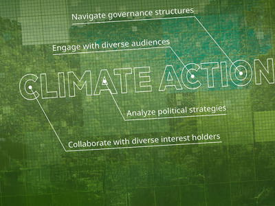 Overhead drone shot of green landscape with patterned squares mapped out. Overlaid words, Climate action, navigate governance structures, engage with diverse audiences, analyze political strategies, collaborate with diverse interest, to intimate a blueprint.
