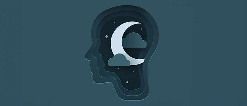 A silhouette of a human head contains layered cutouts of a night sky, featuring a crescent moon and clouds, symbolizing sleep.