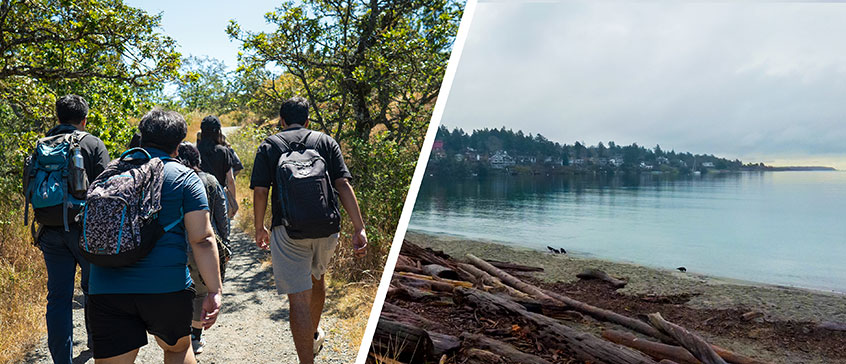 English Language students walking through the endangered Garry Oak forest ecosystem at the peak of Mt. Tolmie