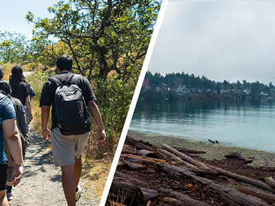 English Language students walking through the endangered Garry Oak forest ecosystem at the peak of Mt. Tolmie