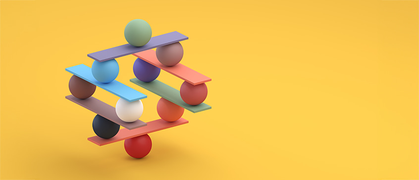 An illustration of a coloured planks balanced on coloured balls stacked 4 levels high.