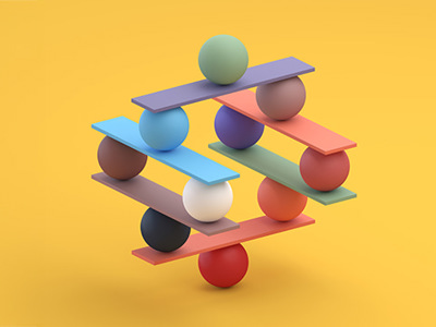 An illustration of a coloured planks balanced on coloured balls stacked 4 levels high.