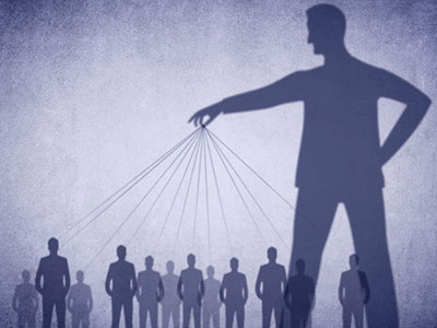 Illustration of person controlling other people like they