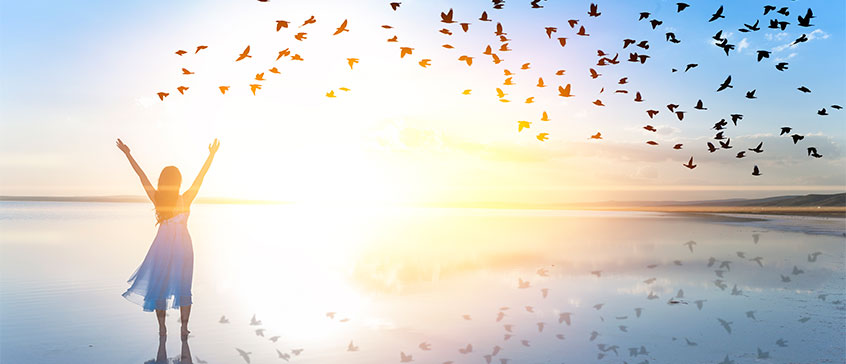 A person standing on a beach with arms raised towards a flock of birds flying across a sunrise.