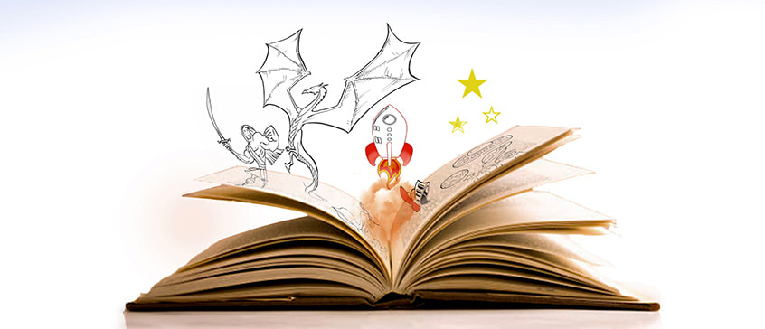 Open book with imaginative sketches of a dragon, rocket, and stars emerging from its pages, symbolizing creativity and storytelling in fiction writing.
