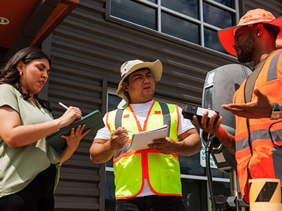 Three individuals wearing safety vests and hard hats standing outside a building, holding clipboards and devices, engaged in discussion about safety procedures and emergency planning.