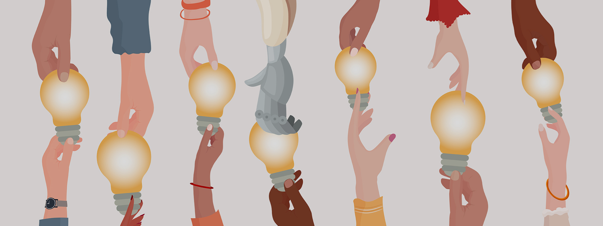 Illustration of diverse hands holding lightbulbs.
