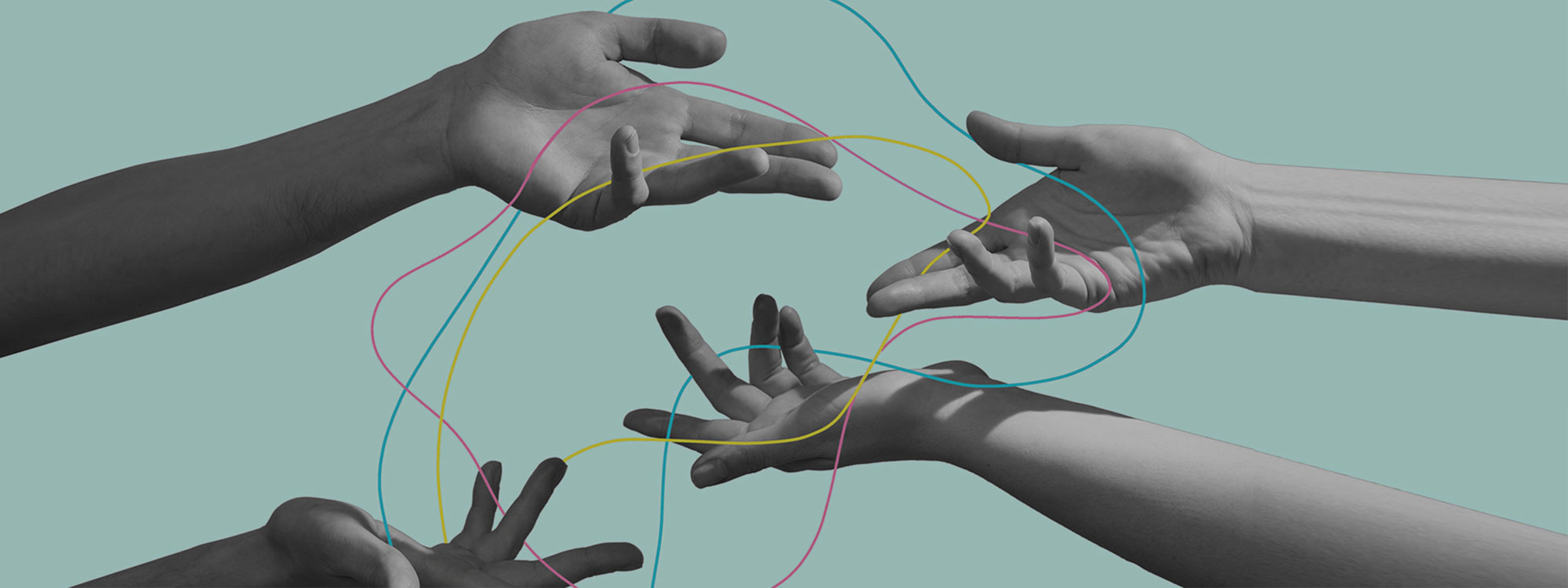 stylized hands and coloured strings