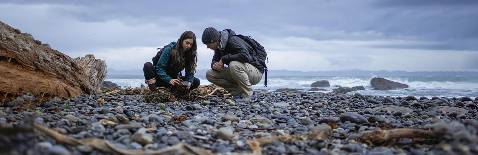 Two people observing beach pebbles. 