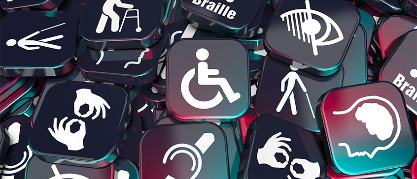 Collection of accessibility icons including wheelchair symbol, sign language hands, walking figure, ear for hearing, brain for cognitive accessibility, and eye for visual impairment, representing diverse workplace accommodations and inclusive design