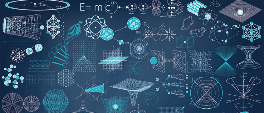 Dark blue background filled with scientific and mathematical diagrams, including atomic structures, DNA helix, geometric shapes, grids, and formulas like E=mc², symbolizing physics, biology, and mathematics concepts.