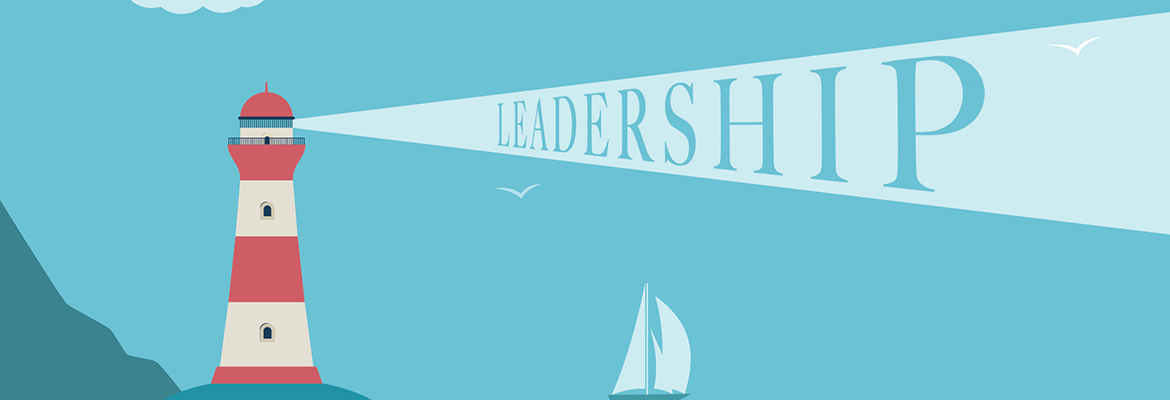 Graphic design of red and white stripped lighthouse with the word "Leadership" showing in the lighthouse beam