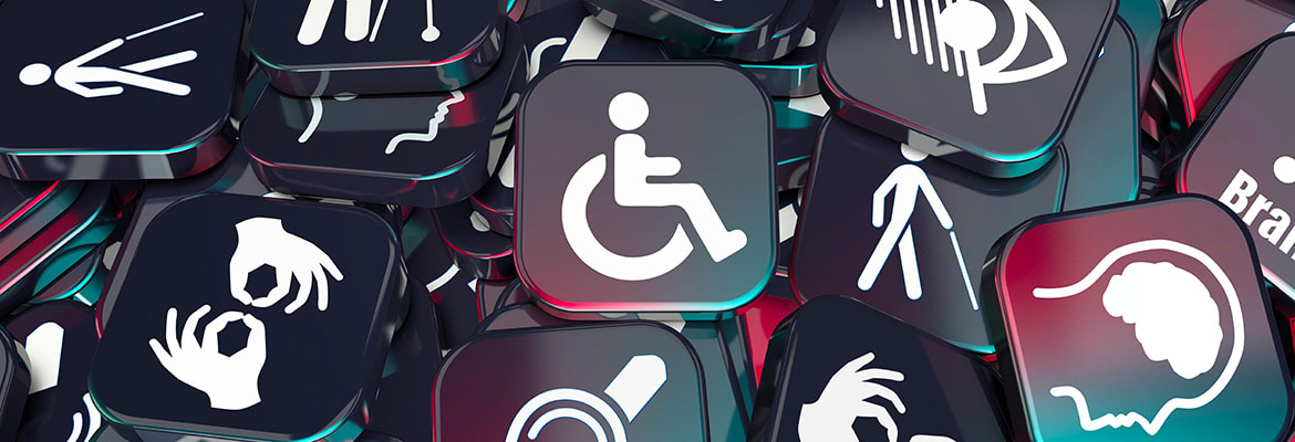 Collection of accessibility icons including wheelchair symbol, sign language hands, walking figure, ear for hearing, brain for cognitive accessibility, and eye for visual impairment, representing diverse workplace accommodations and inclusive design