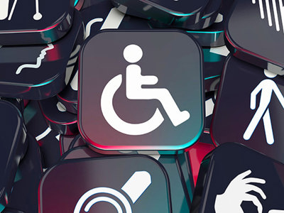 Collection of accessibility icons including wheelchair symbol, sign language hands, walking figure, ear for hearing, brain for cognitive accessibility, and eye for visual impairment, representing diverse workplace accommodations and inclusive design