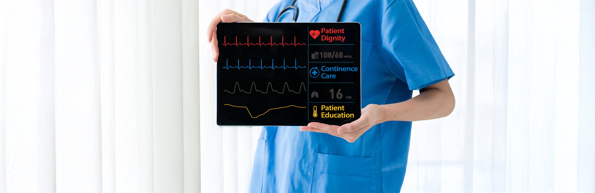 A healthcare professional in scrubs with arms crossed, overlaid with medical monitoring graphs (FpHR, SpPB, SpO2, SpRR) and icons, along with the text Patient Dignity, Continence Care and Patient Education highlighting key aspects of patient-centered care.