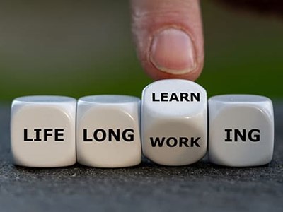 Photo of dice with the words "life long learn-ing/work-ing" on them.