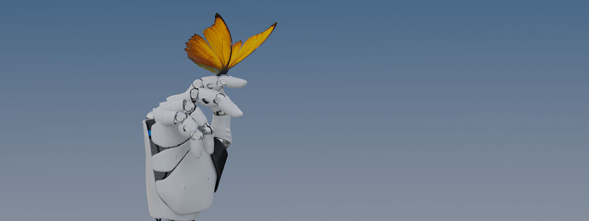 A robotic hand holds a vibrant orange butterfly against a gradient blue sky background.