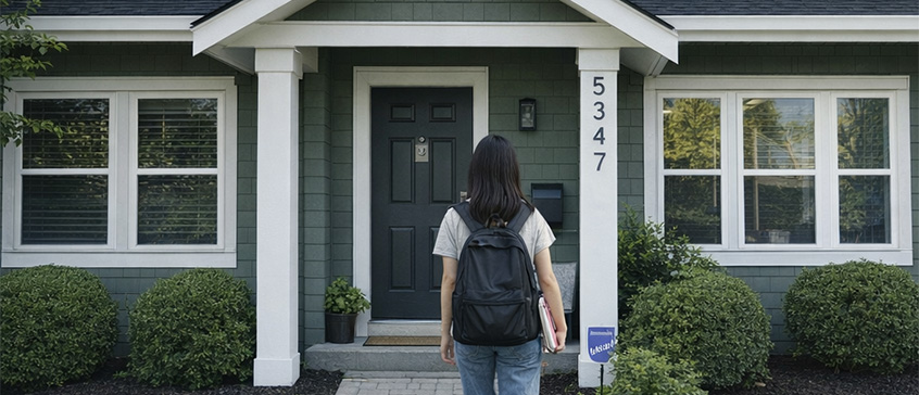 Photo of a homestay student walking into a house