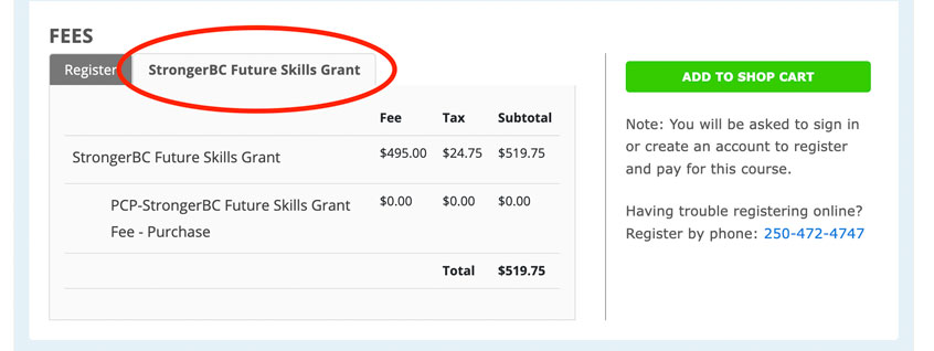 Screenshot of future skills grant fee type