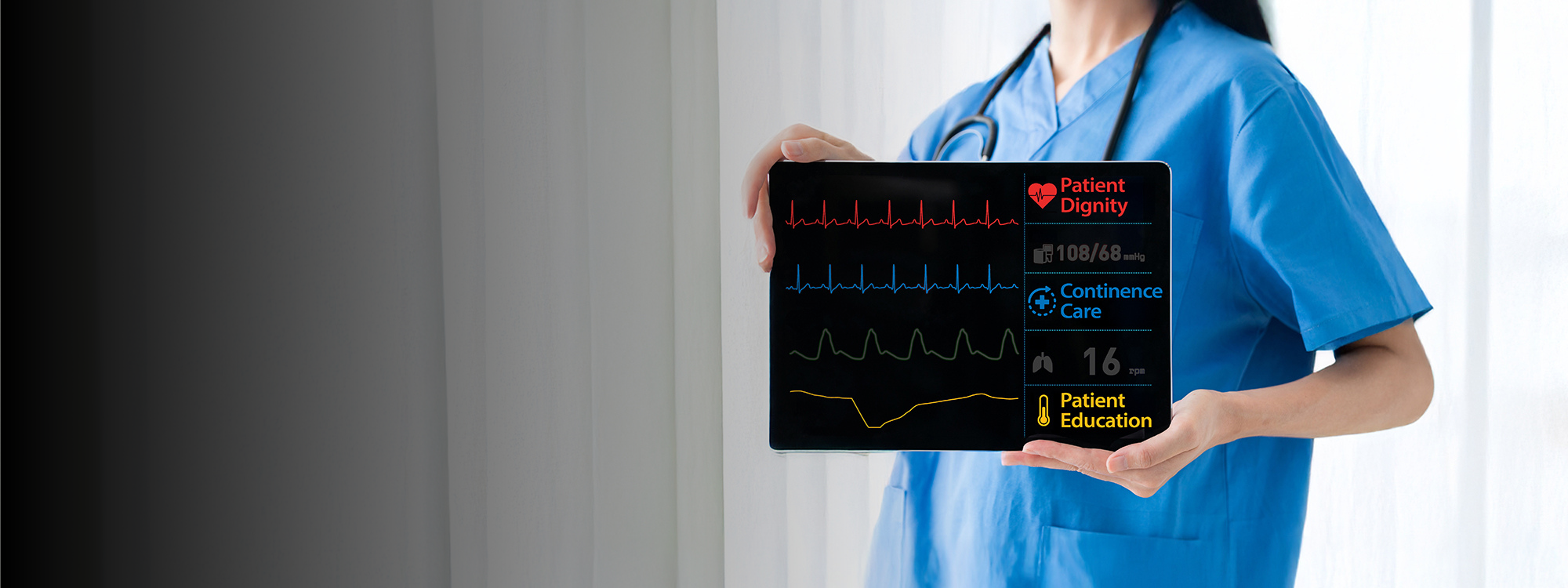 A healthcare professional in scrubs with arms crossed, overlaid with medical monitoring graphs (FpHR, SpPB, SpO2, SpRR) and icons, along with the text Patient Dignity, Continence Care and Patient Education highlighting key aspects of patient-centered care.