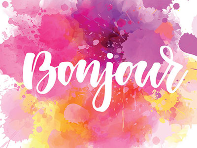 Pink, red and yellow watercolour splashes with the word Bonjour overlaid
