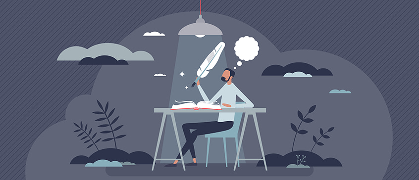 Illustrated person sitting at desk with oversized pen, thought bubble above their head, surrounded by plants and clouds under a hanging lamp - representing the creative process of developing fictional characters.
