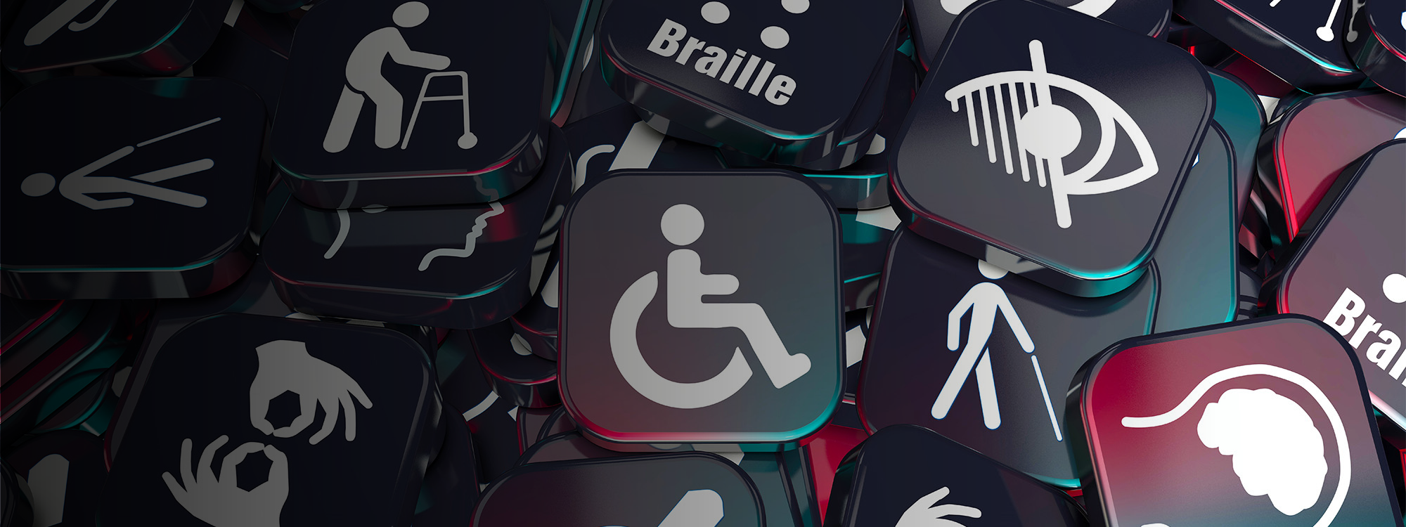A collection of accessibility icons displayed on dark square buttons, including symbols for wheelchair access, visual impairment, Braille, sign language, cane users, and other disability‑related services.
