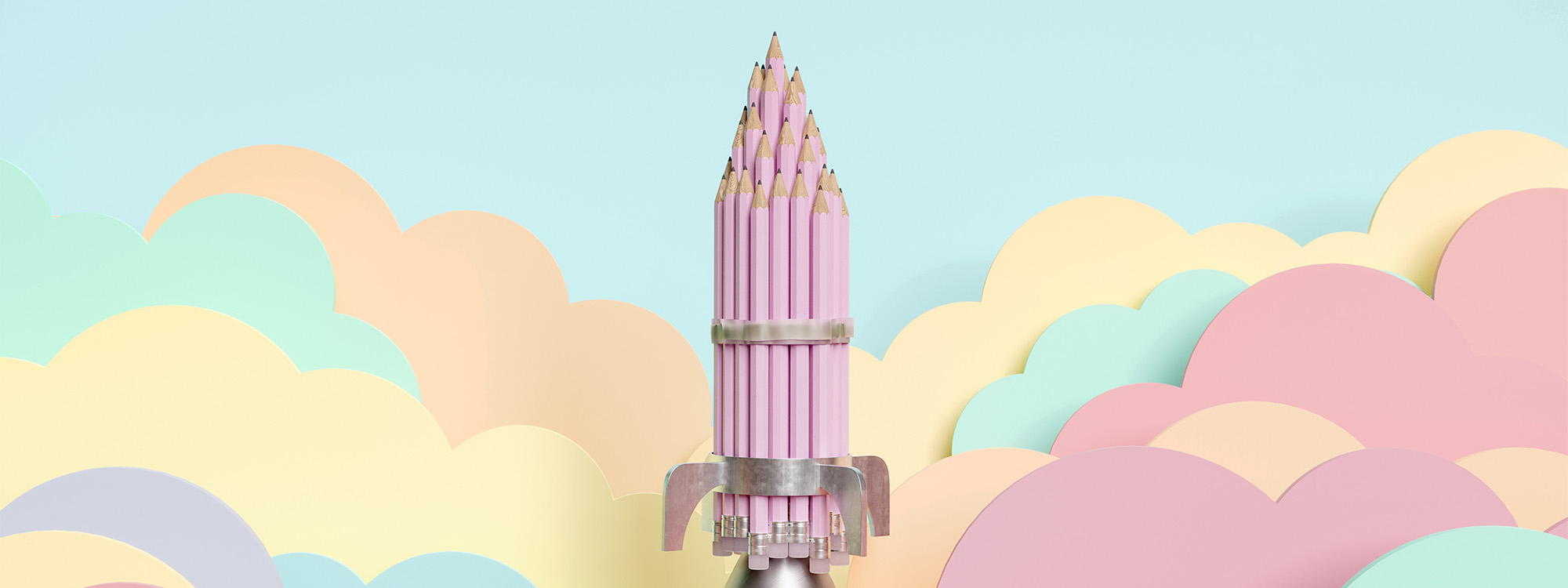 Rocket shape made up of a group of pink pencils flying over pastel coloured flat clouds.