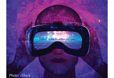 An illustration of a woman wearing a virtual reality headset.