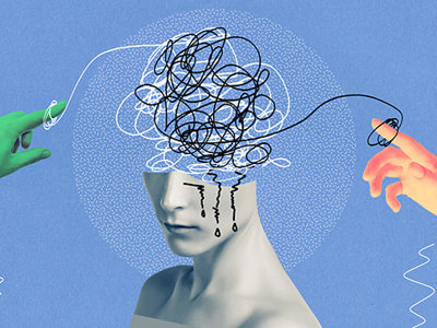 Abstract illustration of two colourful hands untangling lines from a head silhouette against a blue background, symbolizing thought processes, mental clarity and philosophical inquiry.